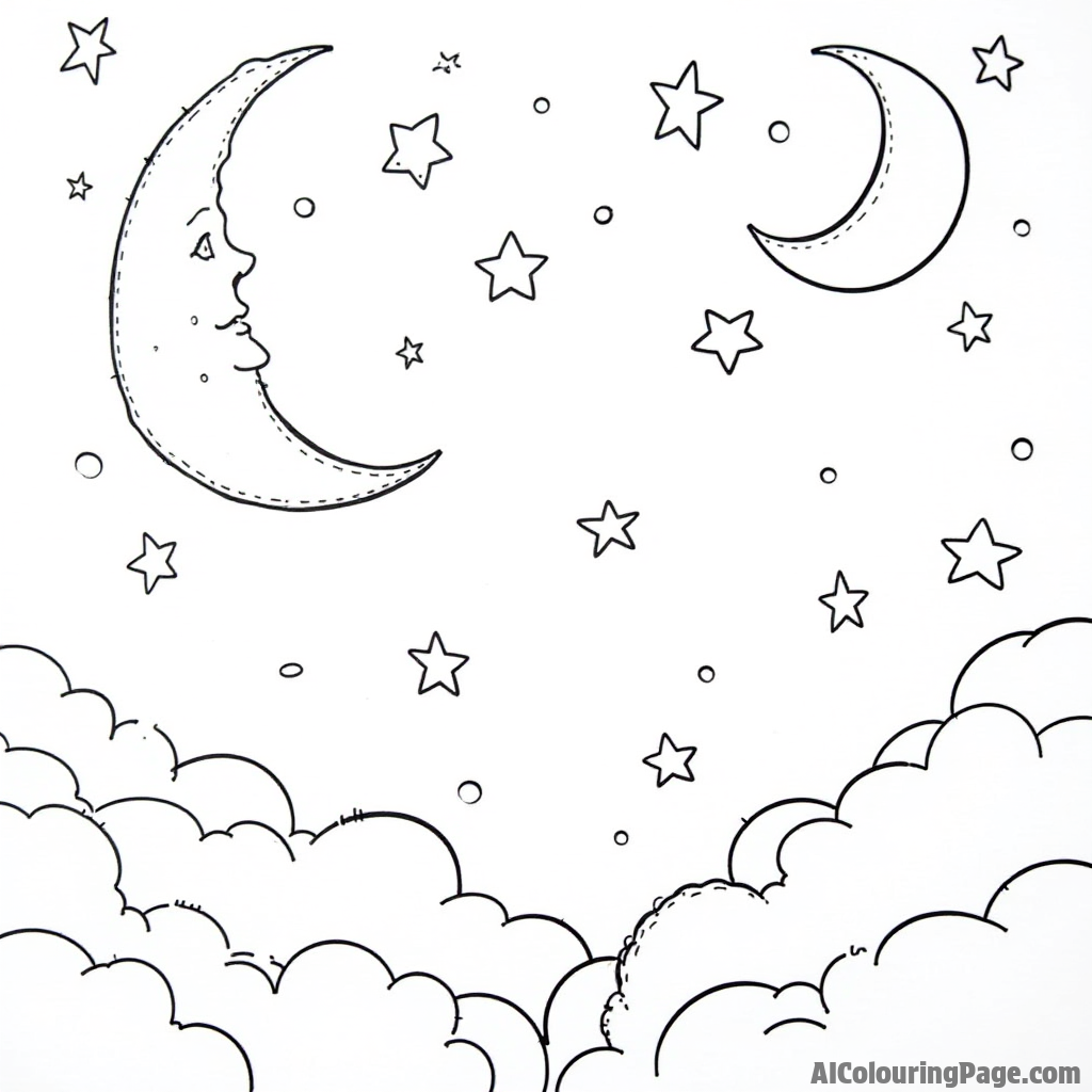 A dreamy night sky filled with twinkling stars, a crescent moon, and fluffy clouds, creating a peaceful nighttime scene.