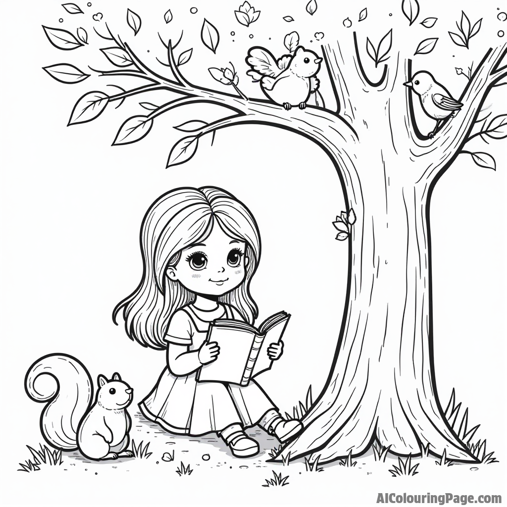 A doll reading a book under a tree, with birds perched above and a playful squirrel peeking from behind the trunk.