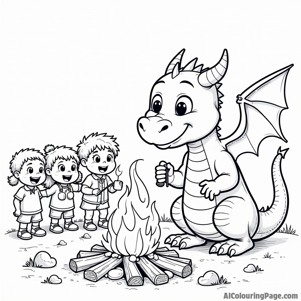 A dragon roasting marshmallows over a campfire with a group of excited children in the background.