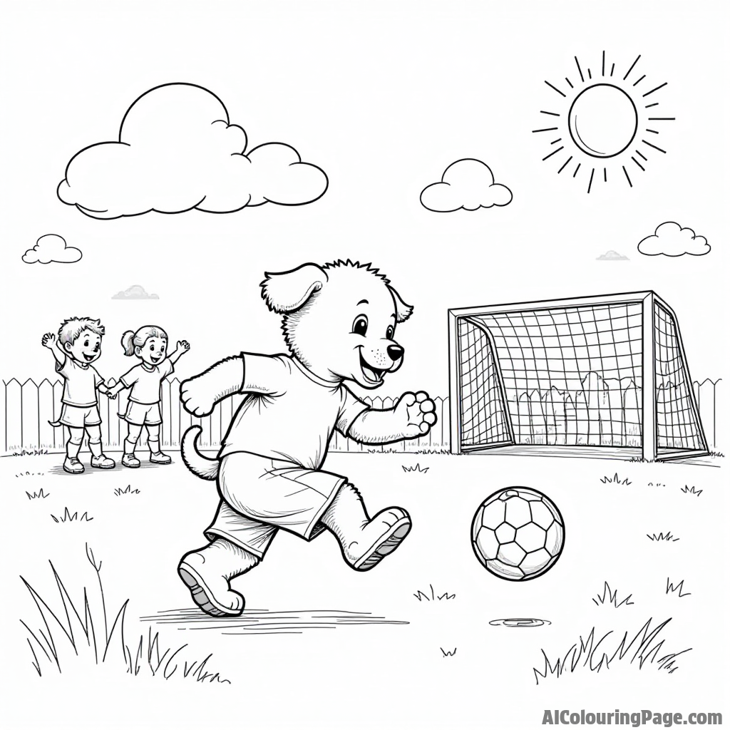 A puppy playing soccer with friends, kicking a ball towards the goal, with cheering teammates and a bright sunny day.