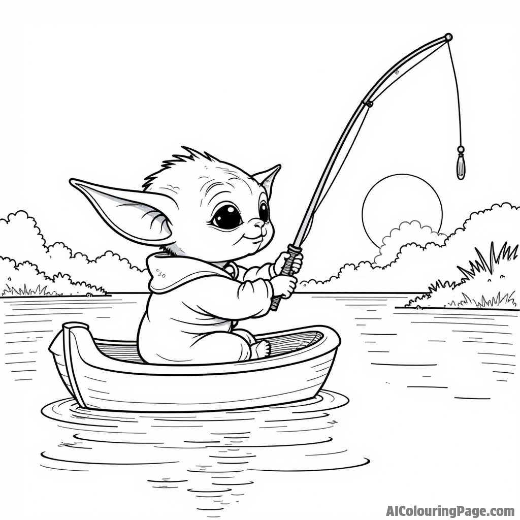 Baby Yoda fishing from a small boat on a calm lake with a sunset in the background