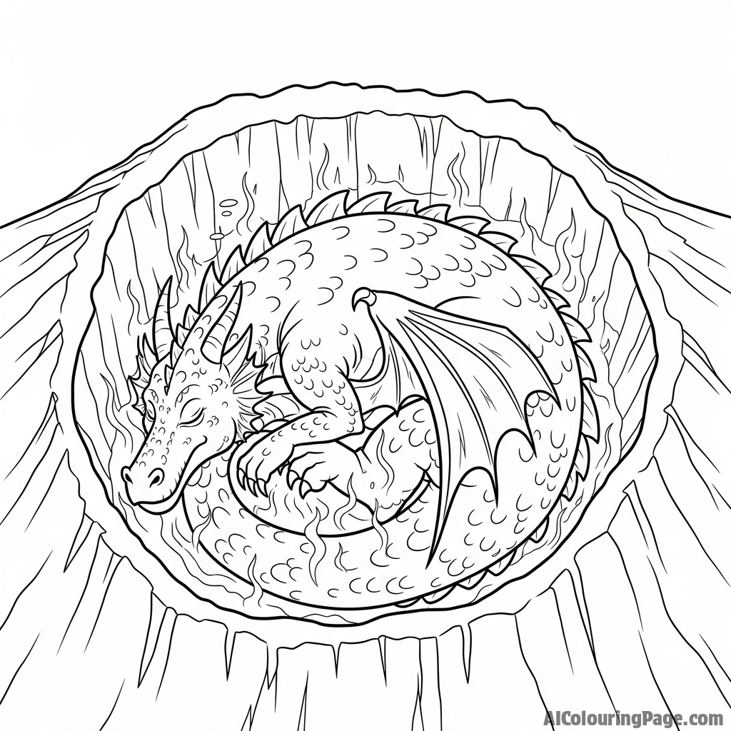 A dragon slumbering deep within a volcano, its body glowing with internal heat.