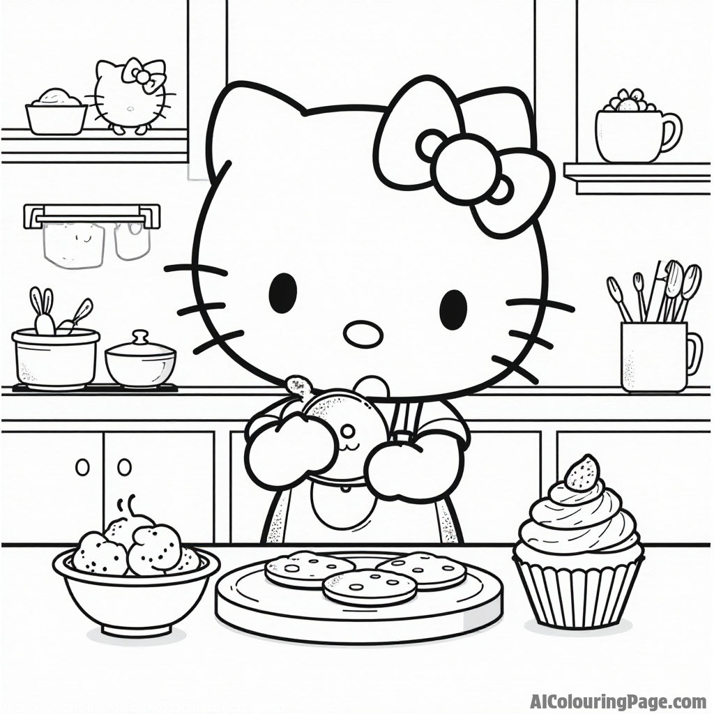 Hello Kitty baking cookies in a cozy kitchen with a cute cat and a colorful cupcake on the table