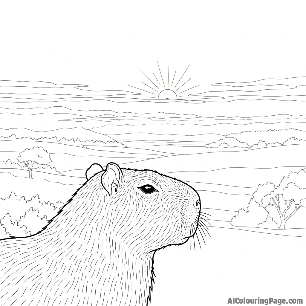 A capybara looking out over a misty landscape at dawn.