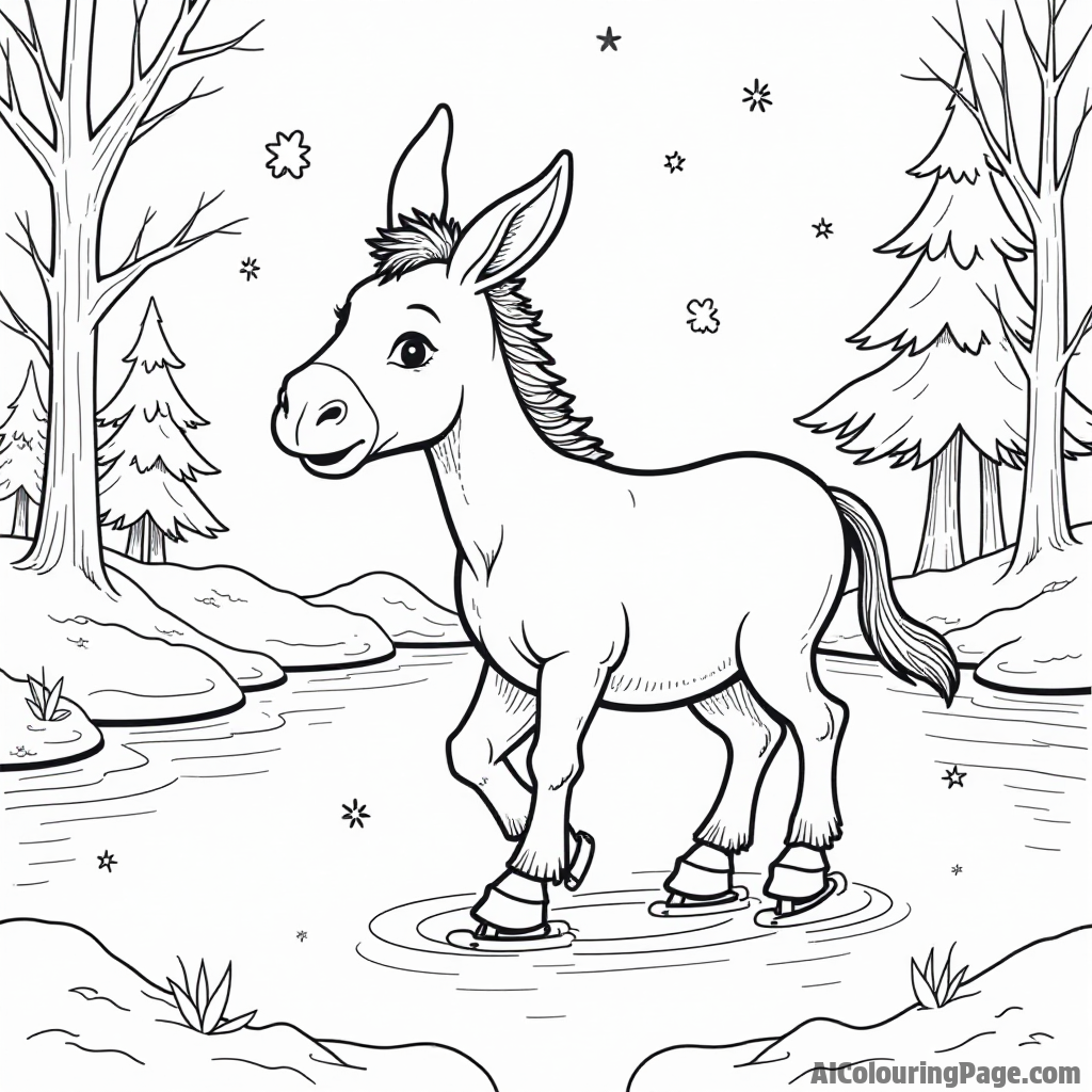 A donkey ice skating on a frozen pond, with snowflakes falling and trees covered in snow surrounding the scene