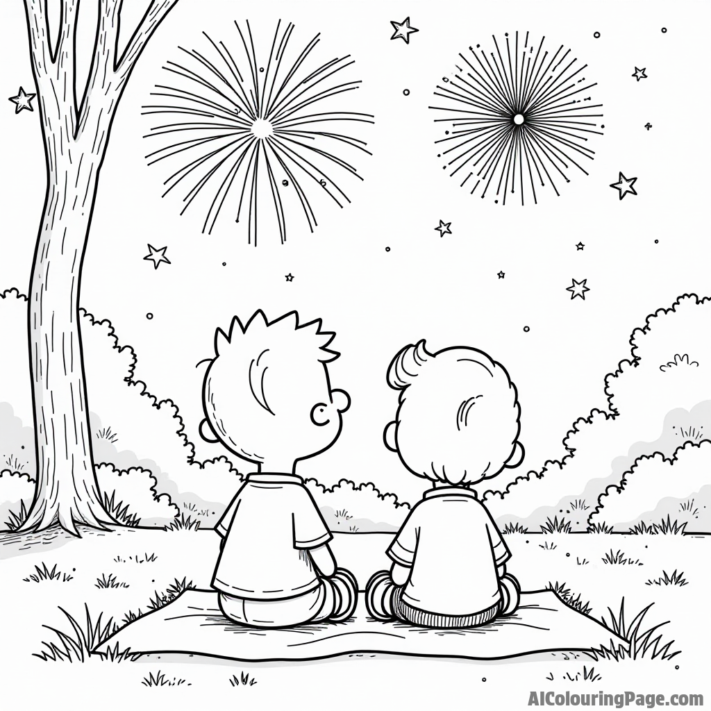 Linus and Sally watching fireworks in the night sky while sitting on a blanket in a park