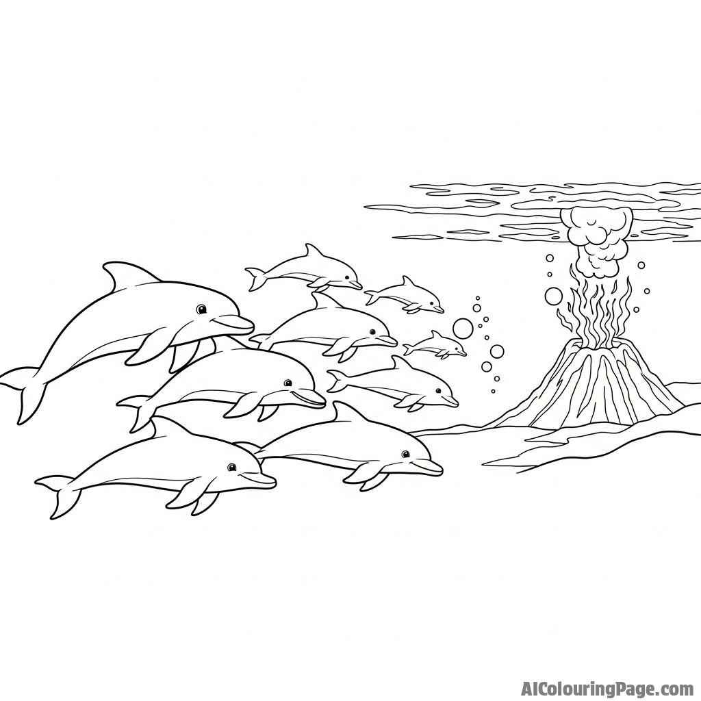 A pod of dolphins silhouetted against the intense glow of a distant underwater volcanic vent.