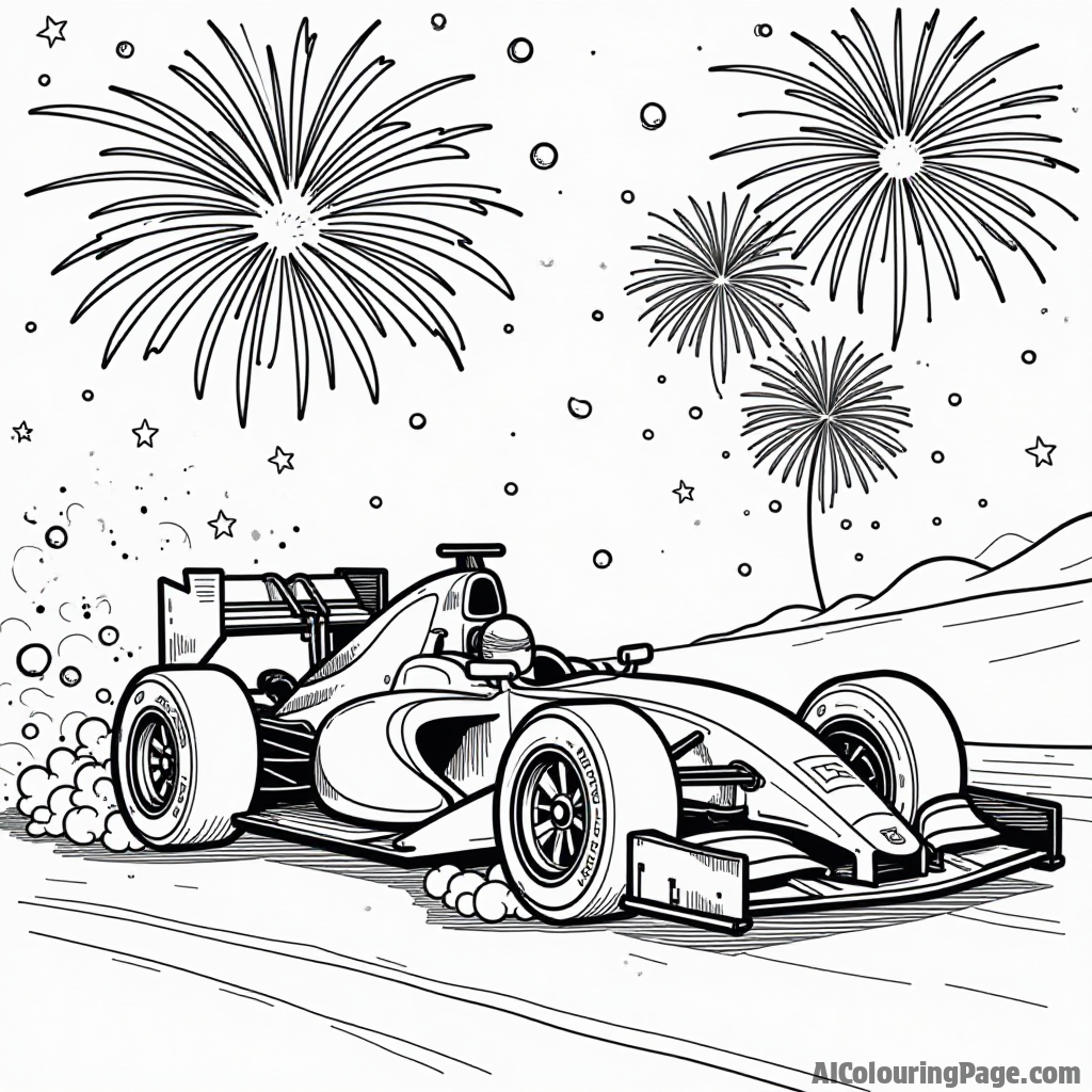 A race car surrounded by colorful fireworks in the sky, emphasizing celebration and excitement in a festive coloring scene for kids to enjoy.