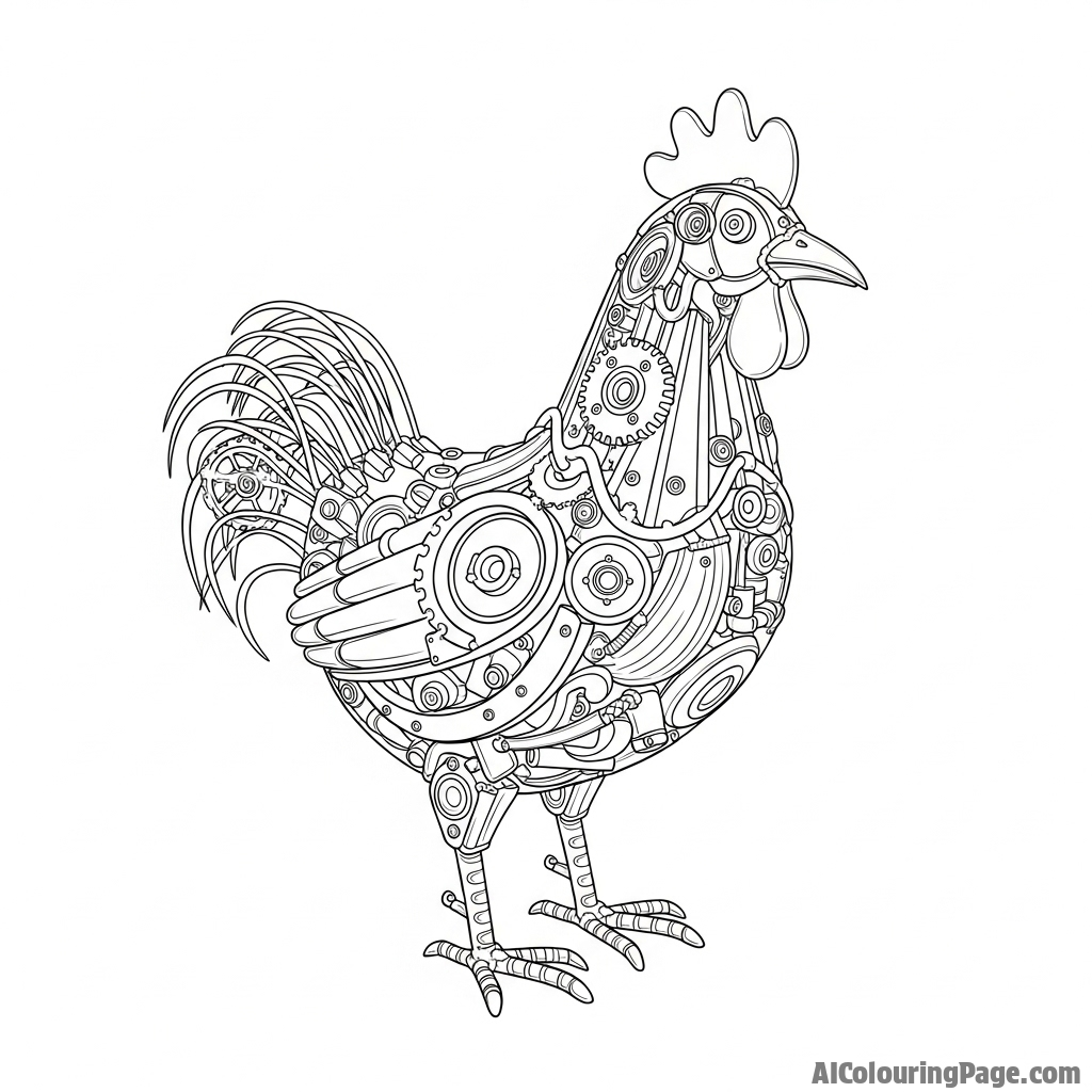 An abstract sculpture of a chicken, made from welded scrap metal.