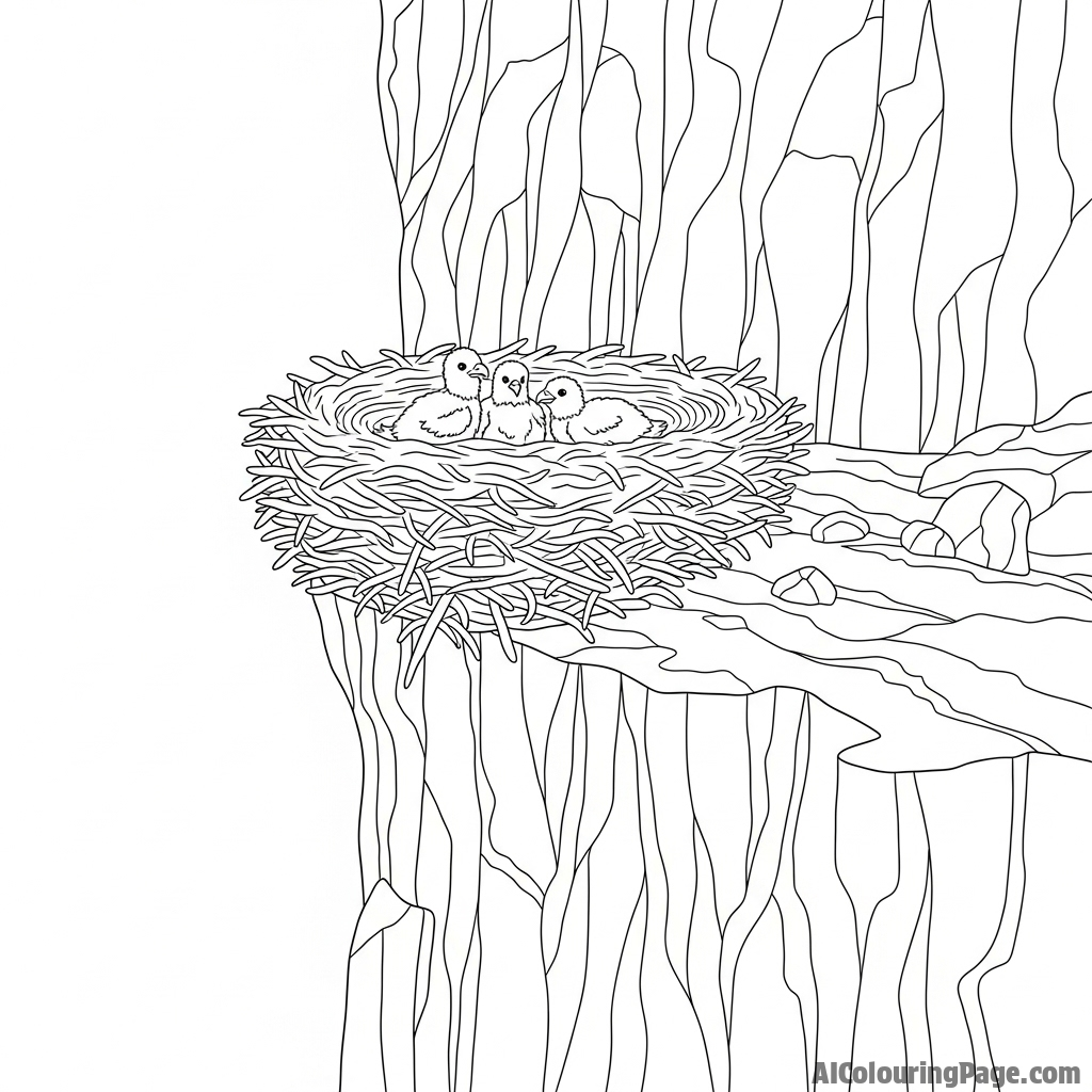 Eagle nest high in a cliff face, with eaglets.