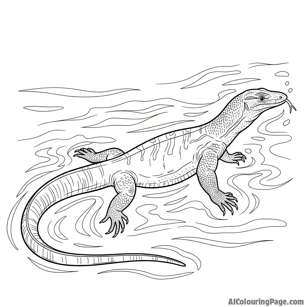 A water monitor lizard swimming gracefully through murky water.