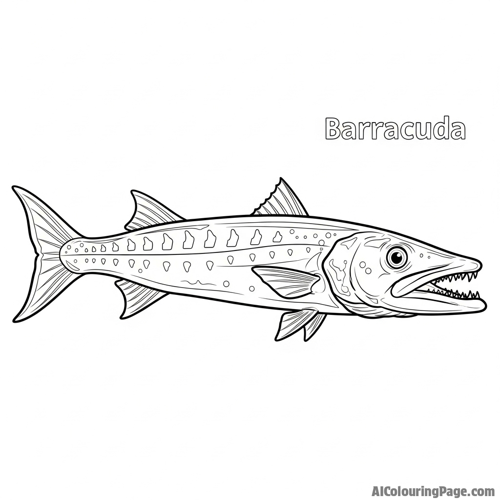 A barracuda, sleek and metallic, suspended motionless in the water.
