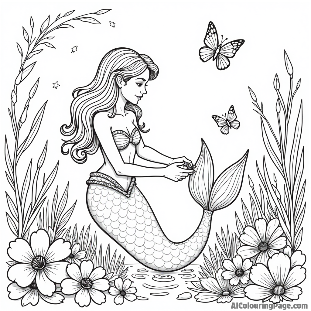 A beautiful underwater garden where a mermaid tends to glowing flowers, surrounded by friendly sea creatures and butterflies.