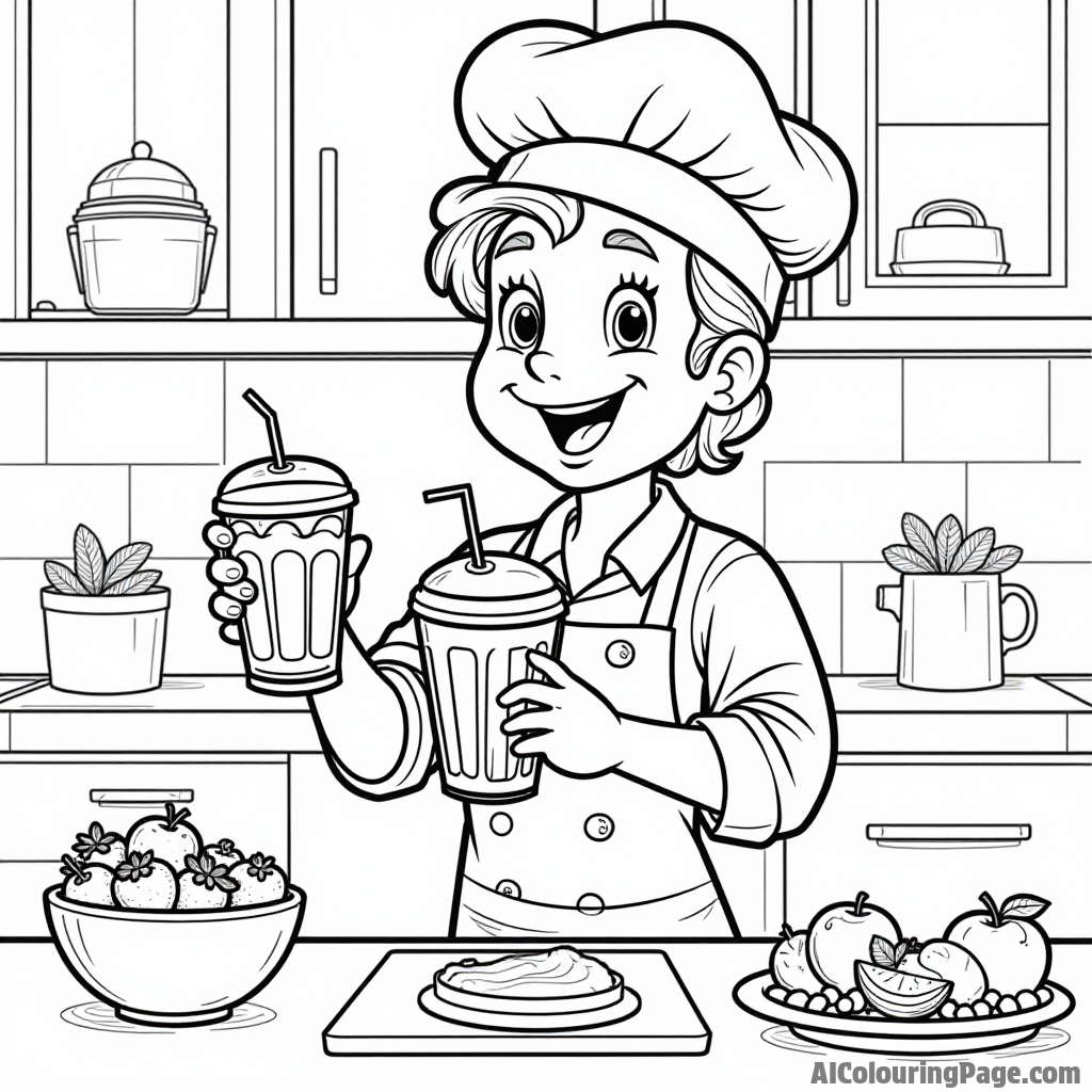 A cheerful fruit chef creating a colorful smoothie, with blending fruits and a happy blender in a cheerful kitchen.