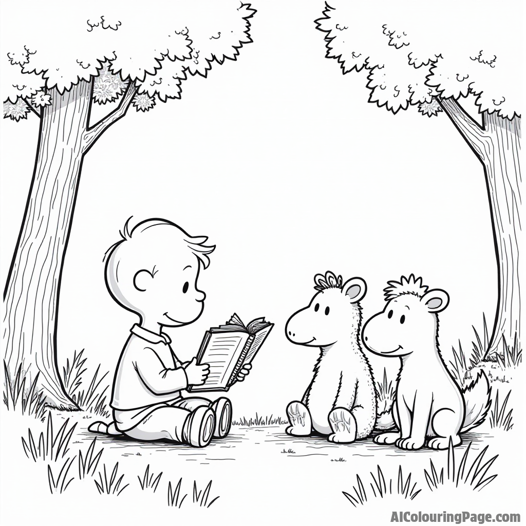 Linus reading a storybook to a group of animals gathered around him in a cozy forest setting