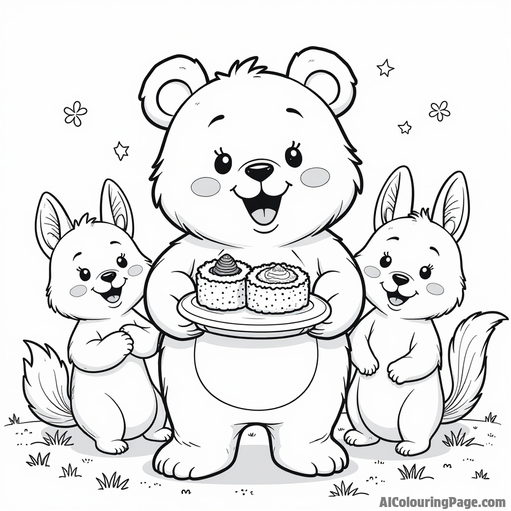 A cute sushi bear character holding a sushi platter, surrounded by happy forest animals looking excited for a meal.