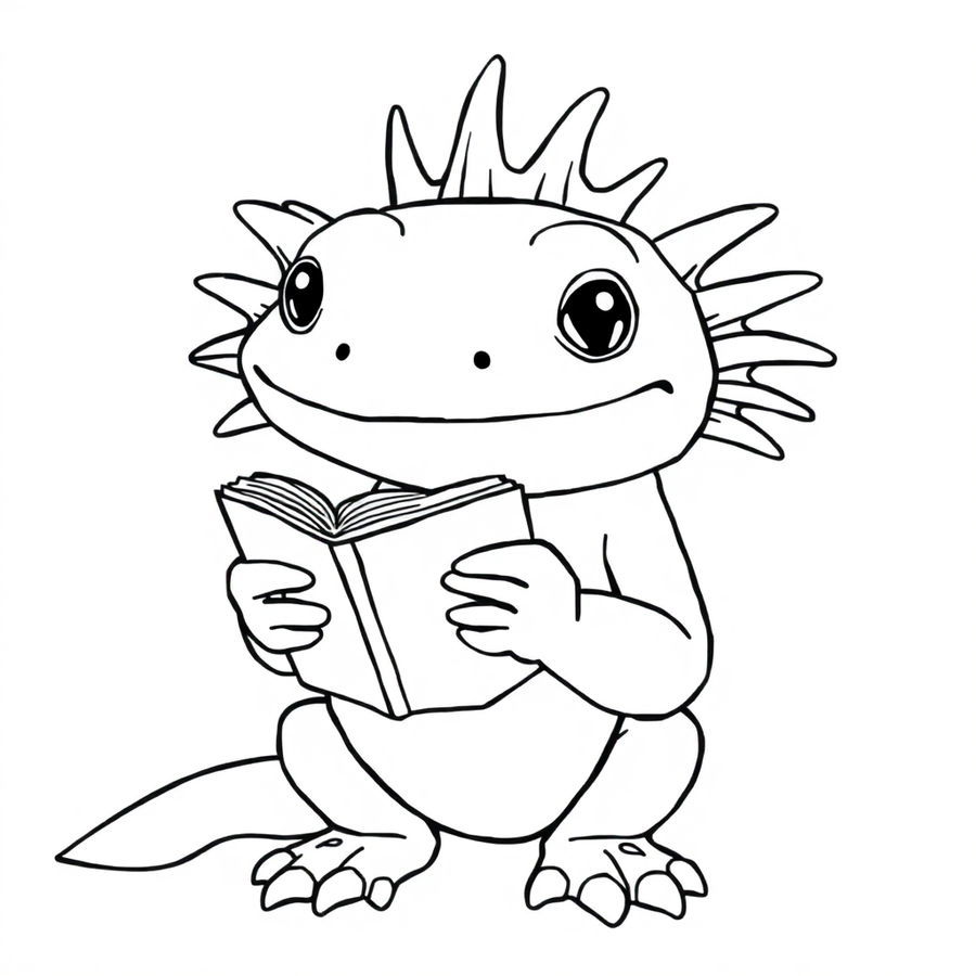 Axolotl holding a tiny book