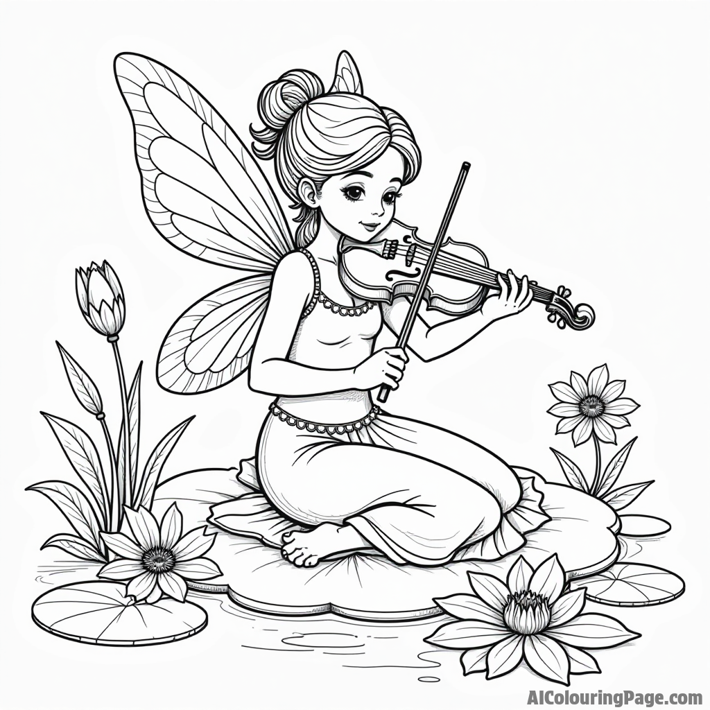 A fairy playing music on a violin while sitting on a lily pad surrounded by floating flowers