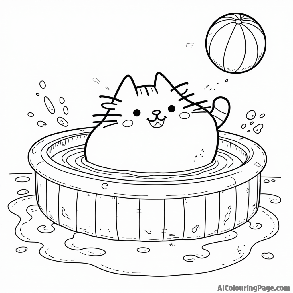 Pusheen diving into a pool with splashes of water around and a beach ball floating nearby enjoying summer