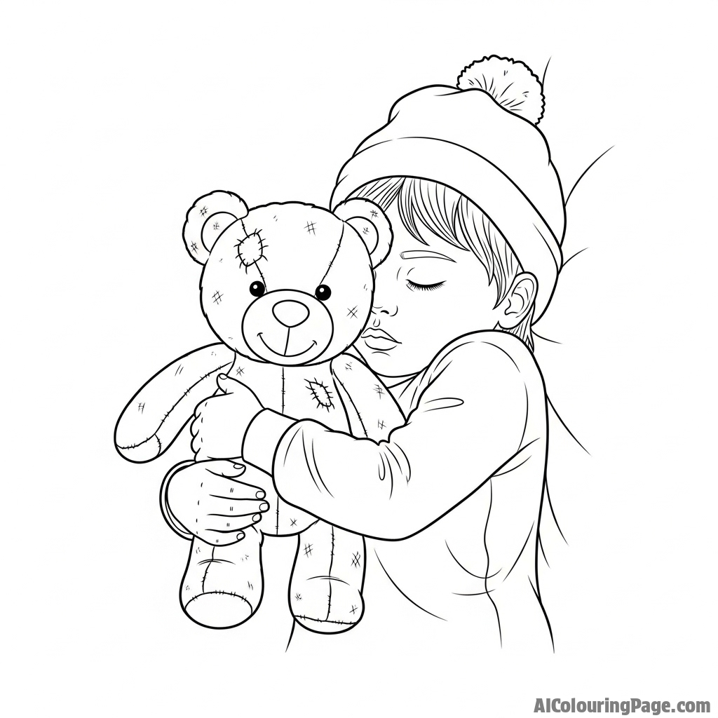 A sleeping child clutching a well-loved, tattered teddy bear.