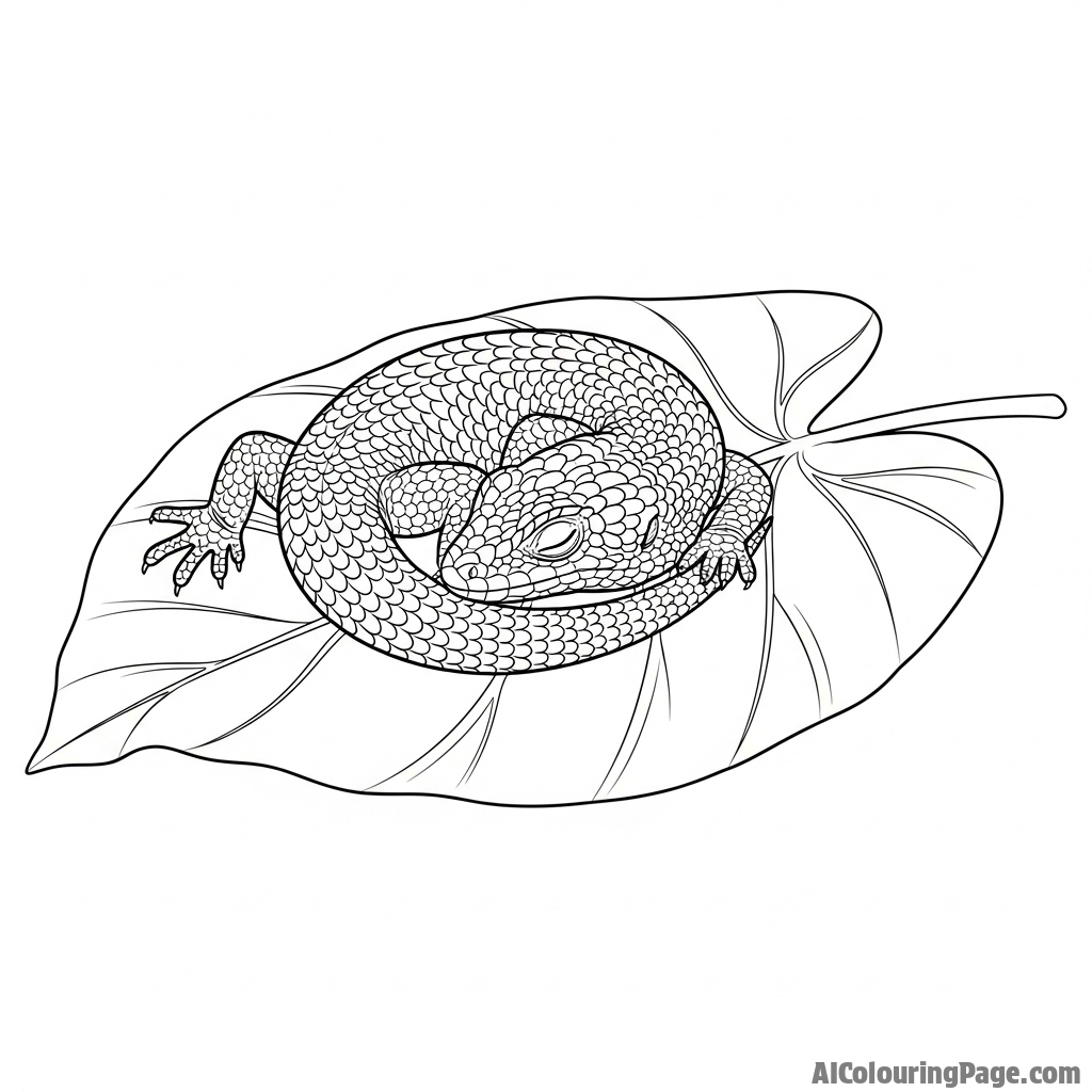 A lizard curled up asleep on a broad, waxy leaf.