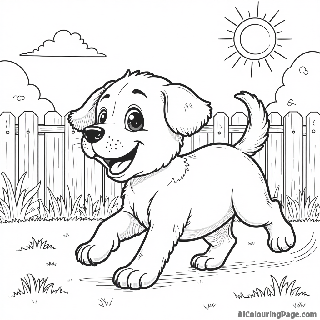 A playful puppy chasing its tail in a backyard, with a few scattered toys and a sunny sky above, full of joy.