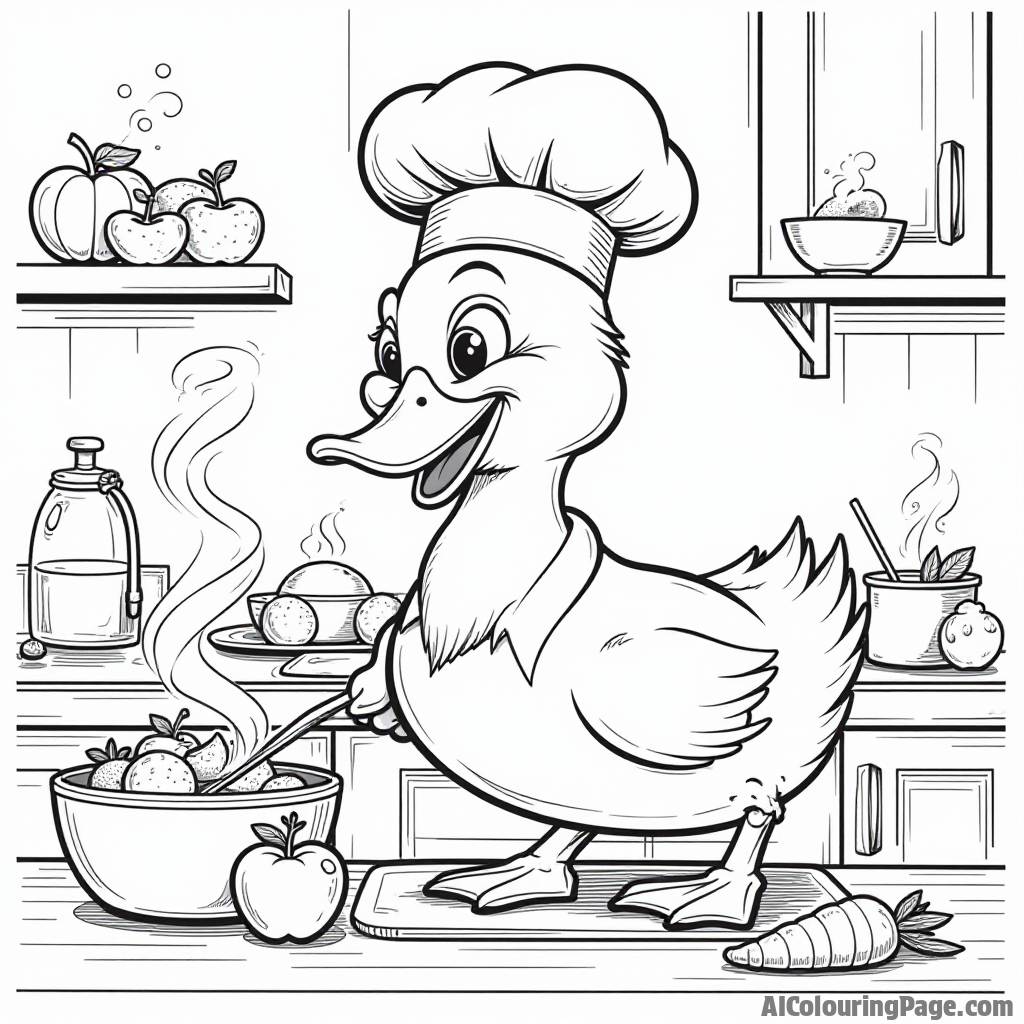 A duck wearing a chef's hat cooking in a kitchen filled with fruits, vegetables, and delicious smells.