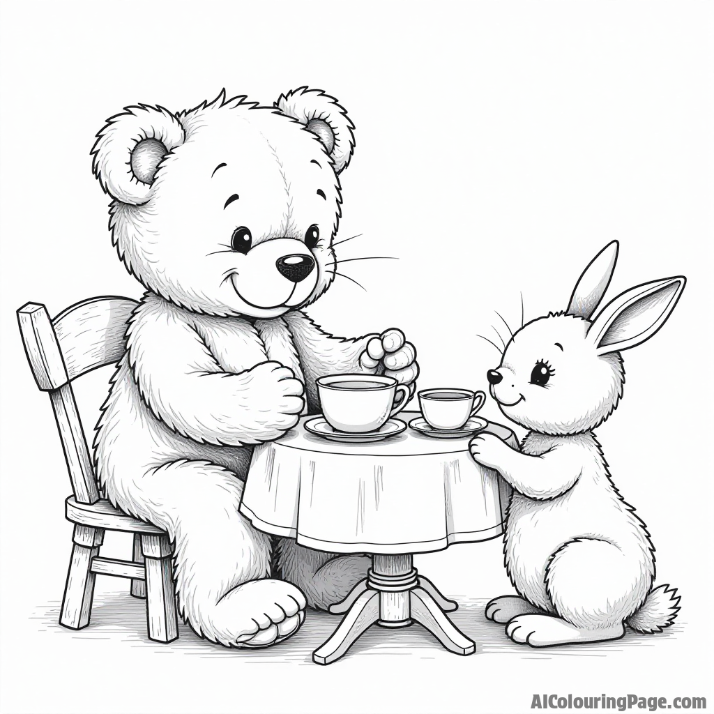 A teddy bear having a tea party with dolls, featuring a small table with teacups and a friendly rabbit, inviting young imaginations to color this charming scene.