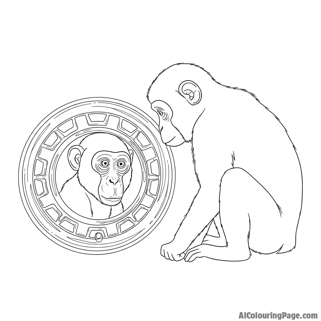 A monkey looking at its own distorted reflection in a chrome hubcap.
