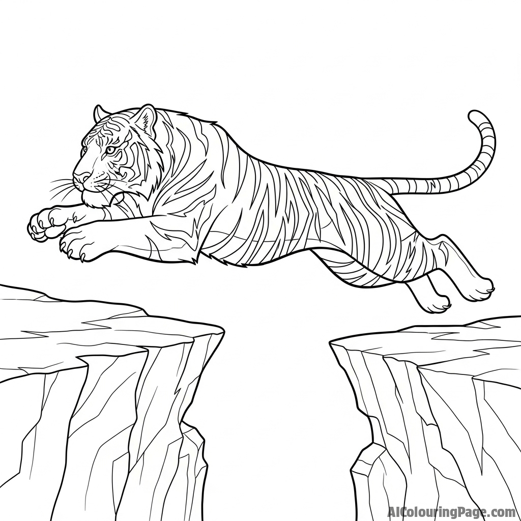 A majestic tiger leaping across a rocky chasm.