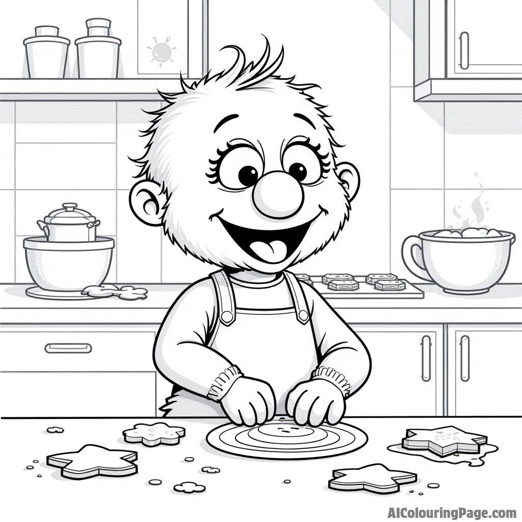 A Muppet baby baking cookies in a kitchen, with flour dust everywhere and cookie shapes scattered on the counter.