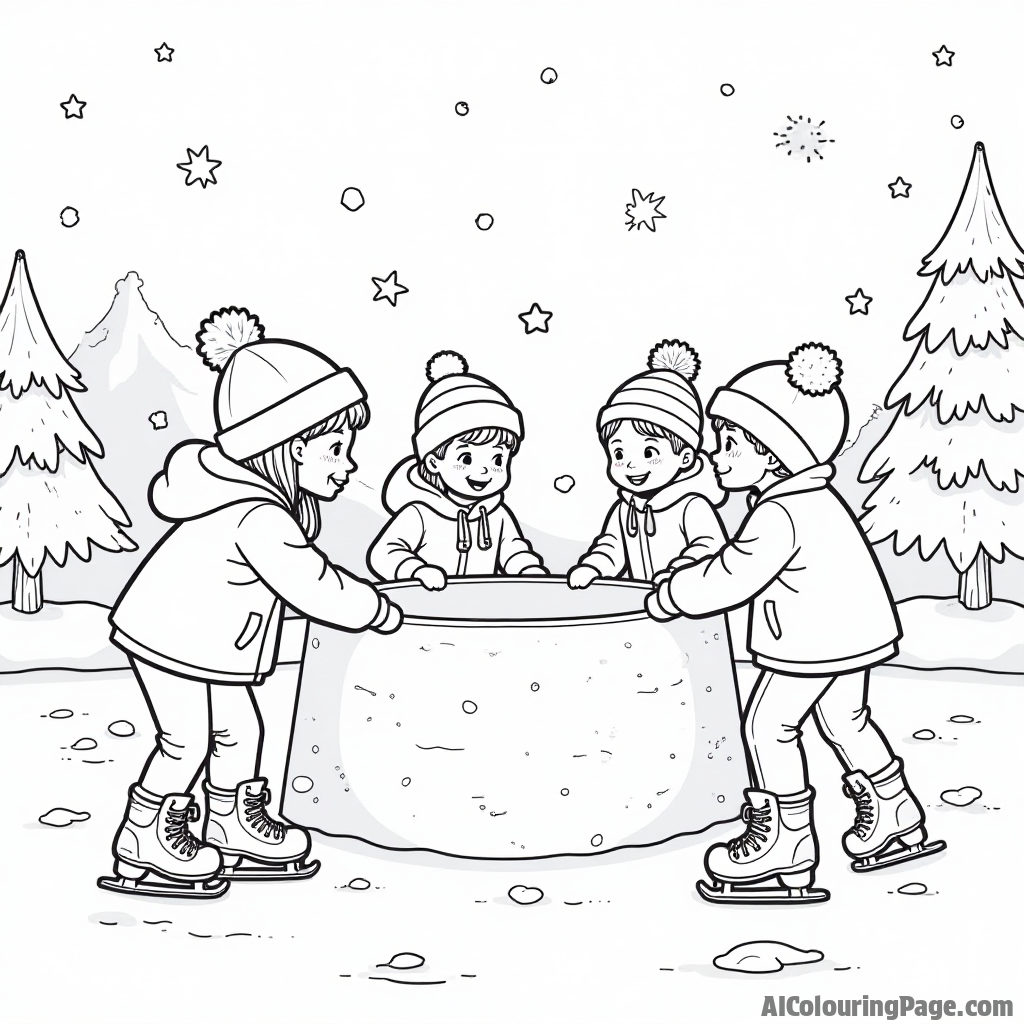 A group of friends building a snow fort after ice skating, surrounded by snowflakes and winter trees, creating a fun and imaginative winter sports scene for kids to color and enjoy.