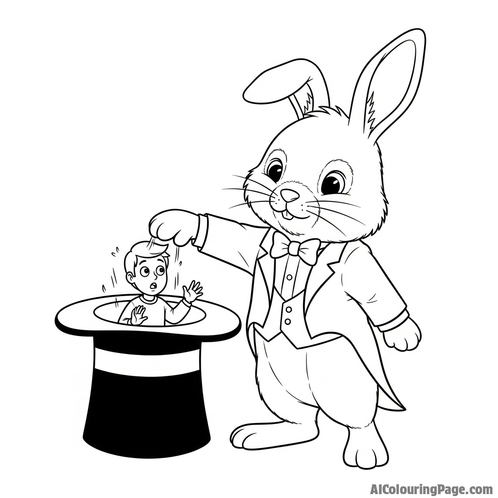 A magician bunny in a top hat pulling a miniature, surprised human out of a hat.