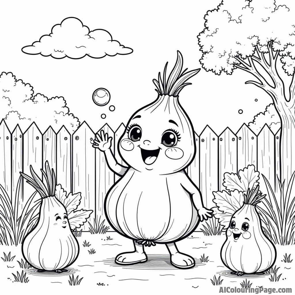 A cute little onion blowing bubbles with other vegetables laughing and playing in a sunny backyard.