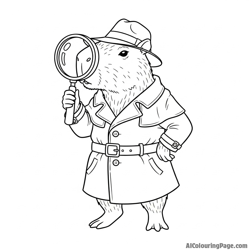 A capybara detective with a magnifying glass and a trench coat.