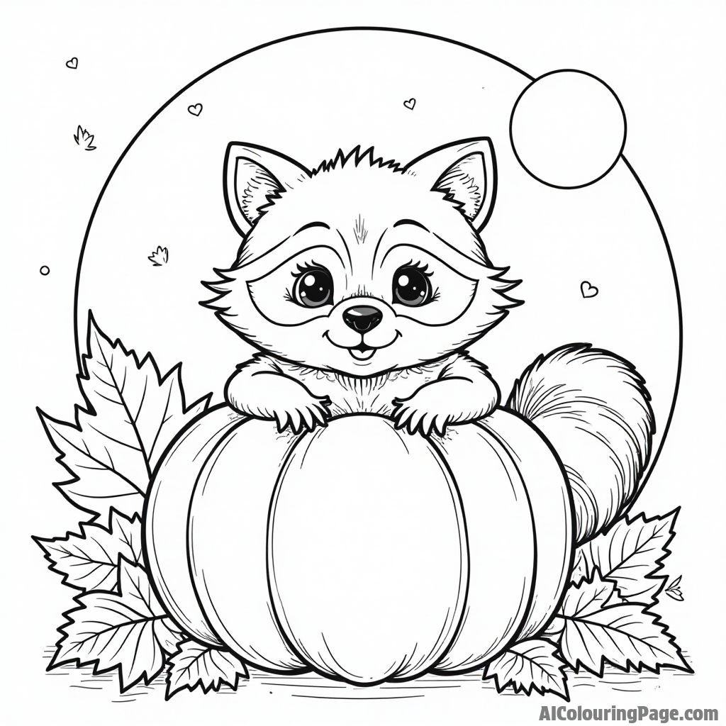 A cute raccoon peeking out from behind a pumpkin, with a backdrop of colorful leaves and a harvest moon