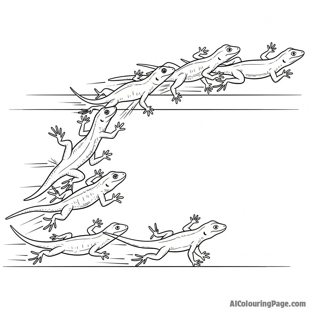 A time-lapse photo sequence of a lizard running across a flat surface.