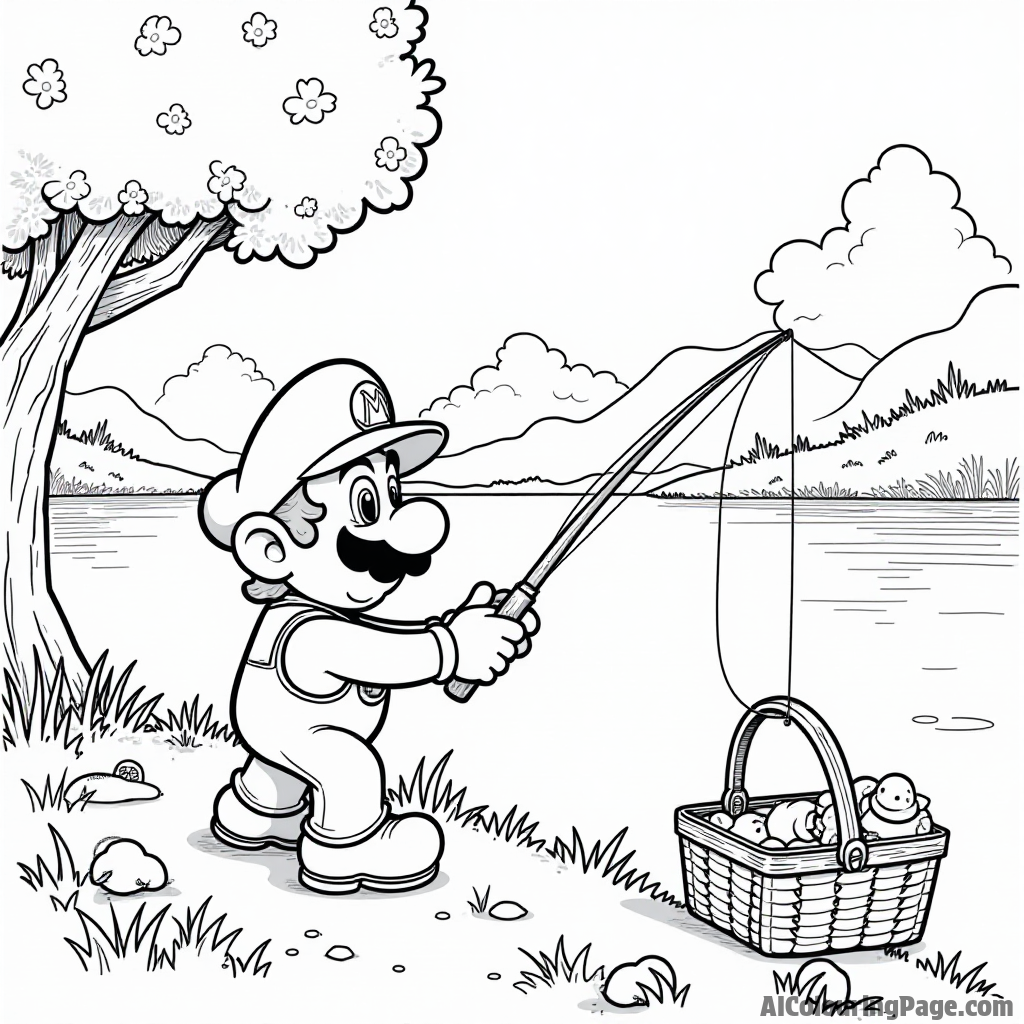 Mario and Luigi fishing by a serene lake with a picnic basket beside them.