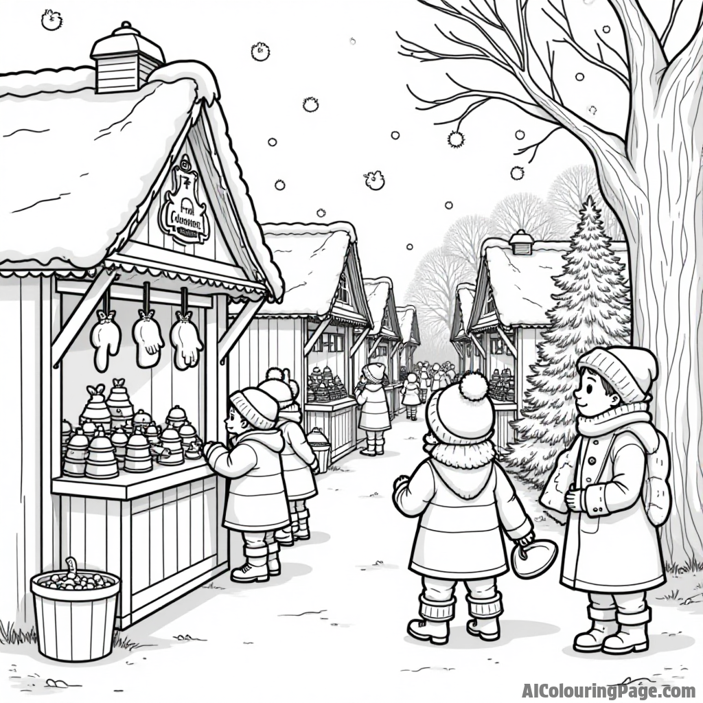 A charming winter market scene with stalls selling hot cocoa, mittens, and Christmas ornaments, bustling with children.