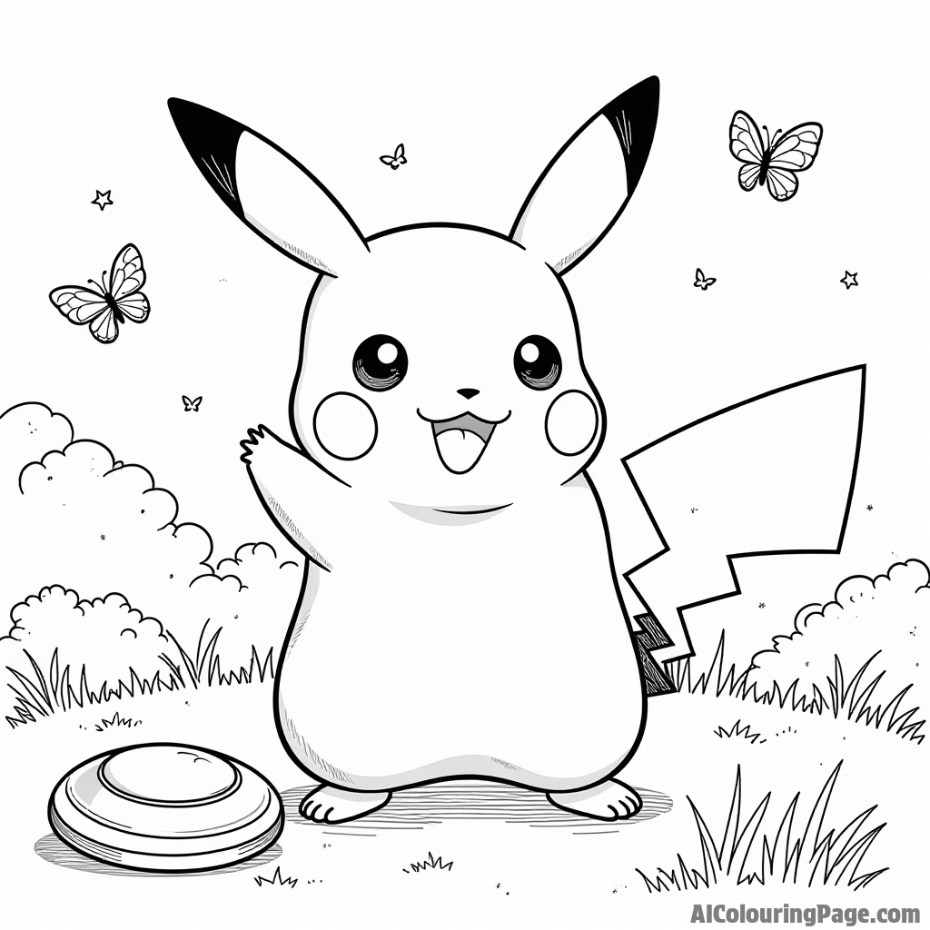 Pikachu enjoying a sunny day at the park with a frisbee and butterflies fluttering