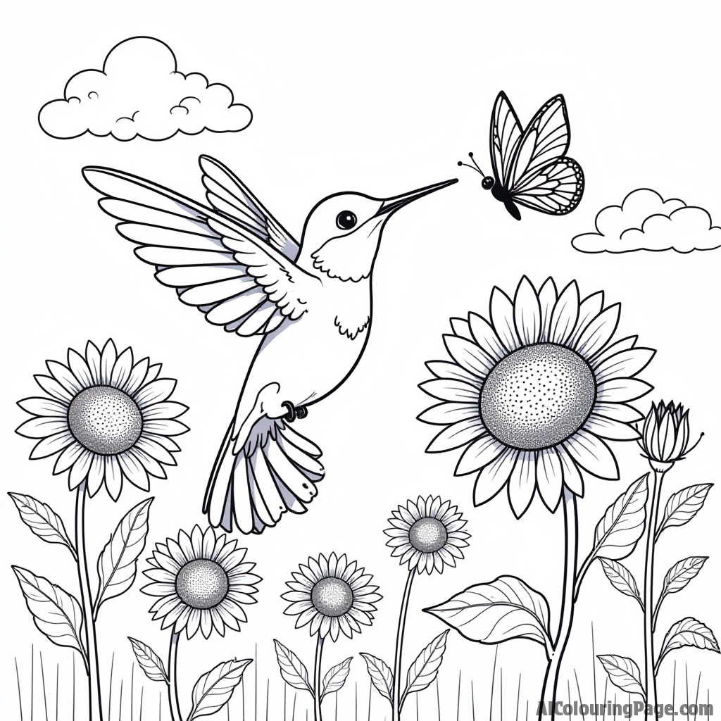 A playful hummingbird with a butterfly friend dancing among sunflowers under a bright blue sky.