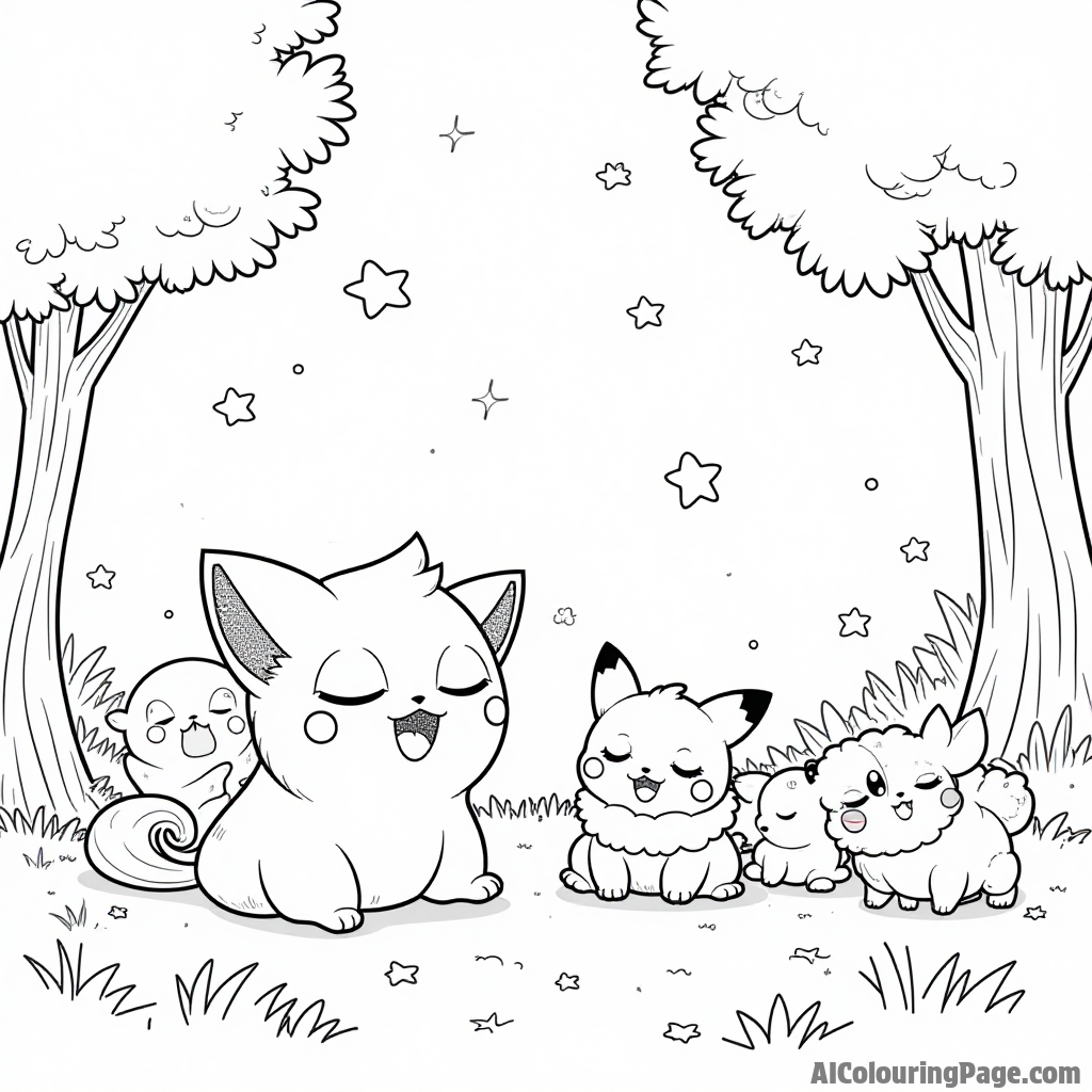 A playful Jigglypuff singing a lullaby to a group of sleeping Pokémon in a cozy forest clearing with stars.