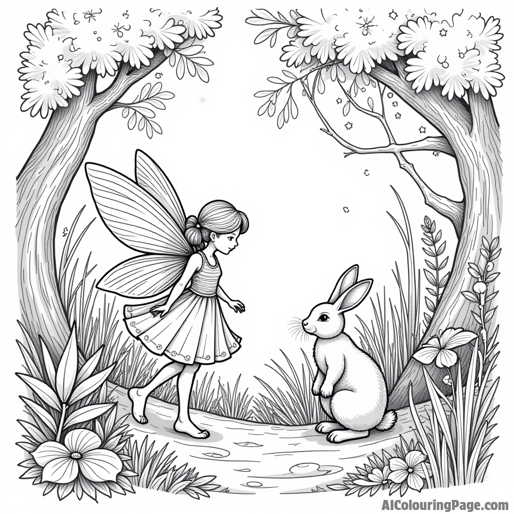 A fairy and a rabbit exploring a hidden glen filled with magical plants and shimmering light