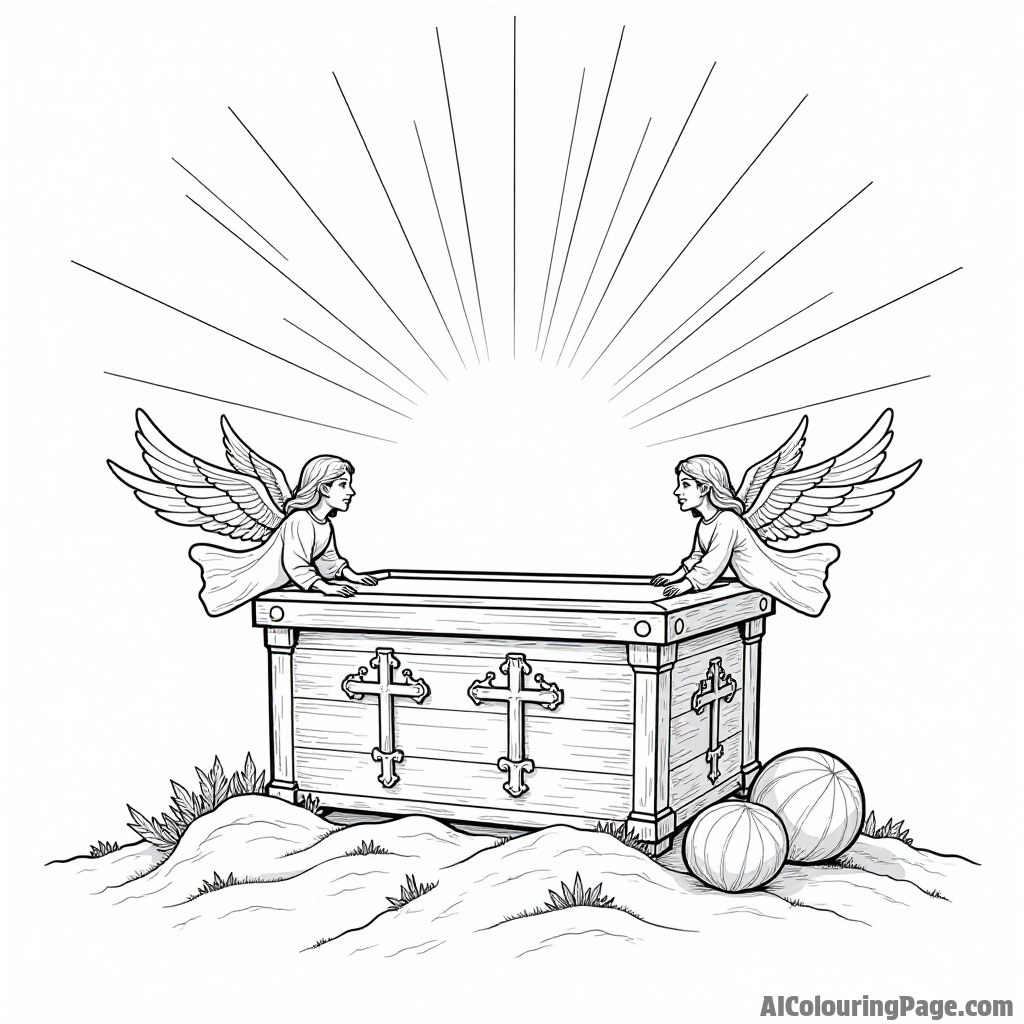 The Ark of the Covenant with angels on top, surrounded by rays of light and simple decorative elements for a holy feel.