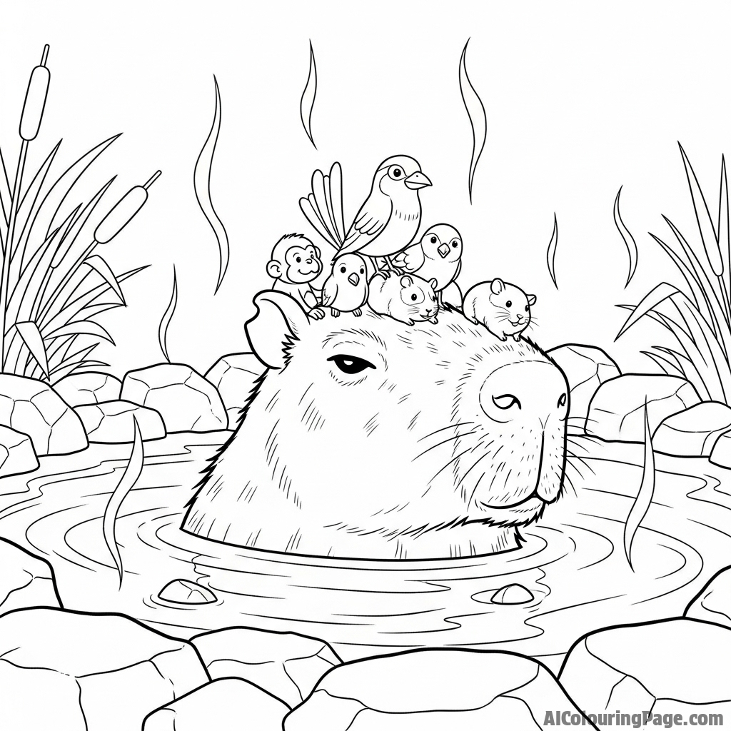 A capybara relaxing in a hot spring, surrounded by smaller animals