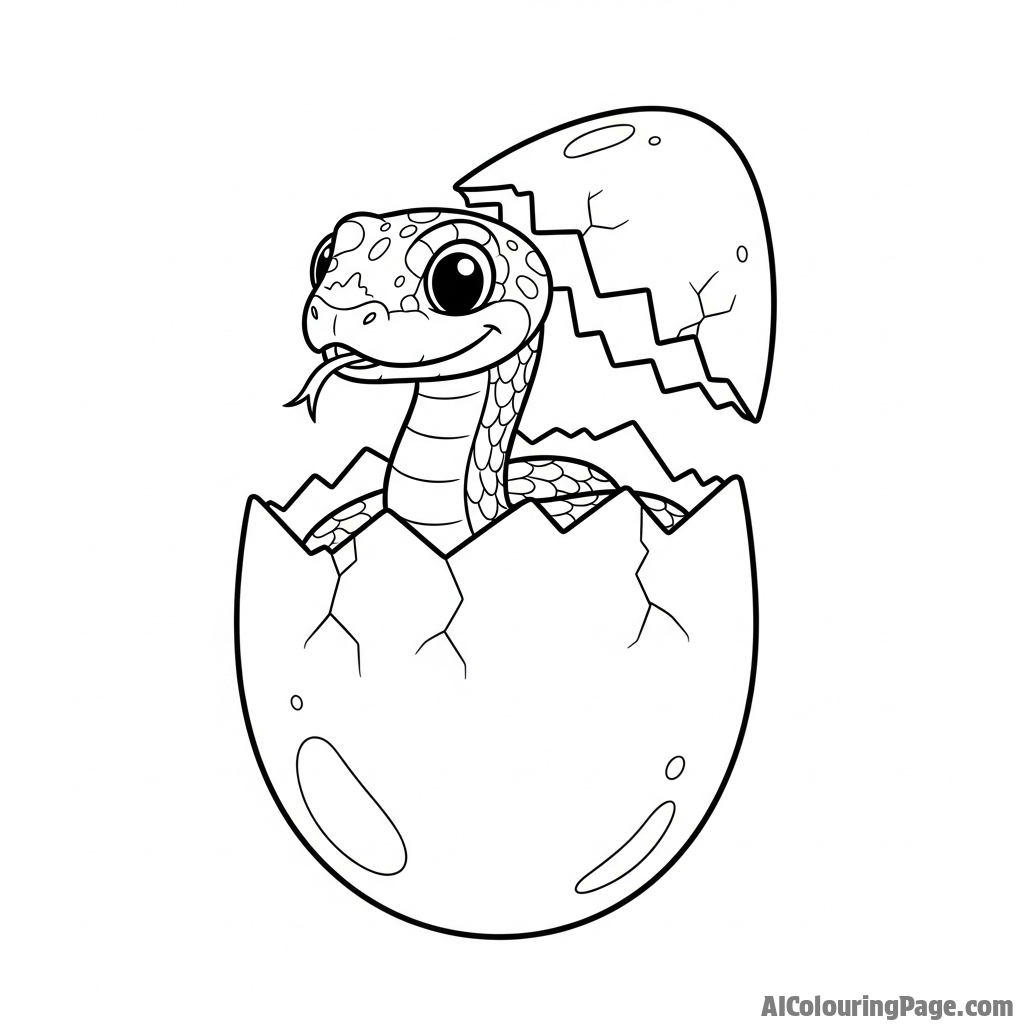 A snake just hatching from an egg, its tiny head and snout breaking through the shell.