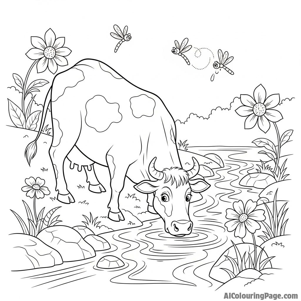 A cow drinking water from a shimmering stream, photorealistic.