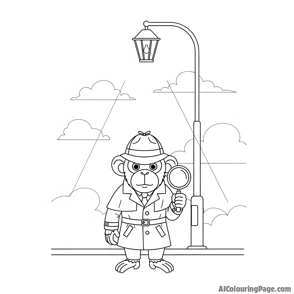 A monkey as a detective in a trench coat, standing under a streetlamp on a foggy night.