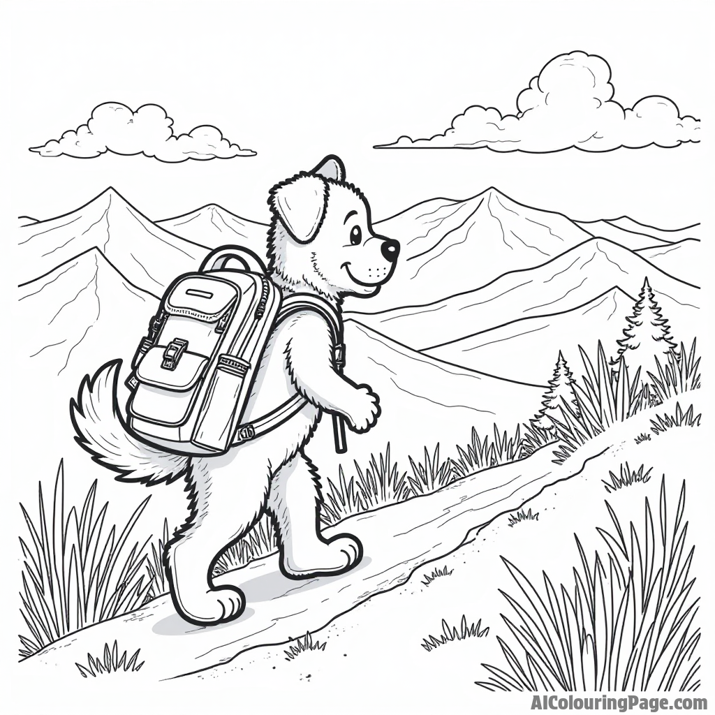 A puppy with a backpack hiking up a mountain trail, with a scenic view of rolling hills and a bright blue sky.