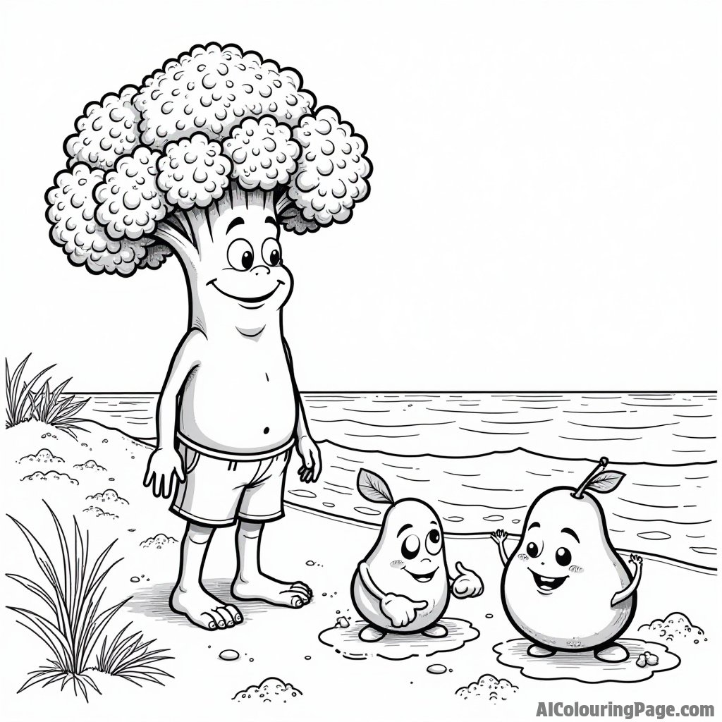 A broccoli lifeguard watching over the beach, with playful fruit friends building sandcastles and splashing in the waves.